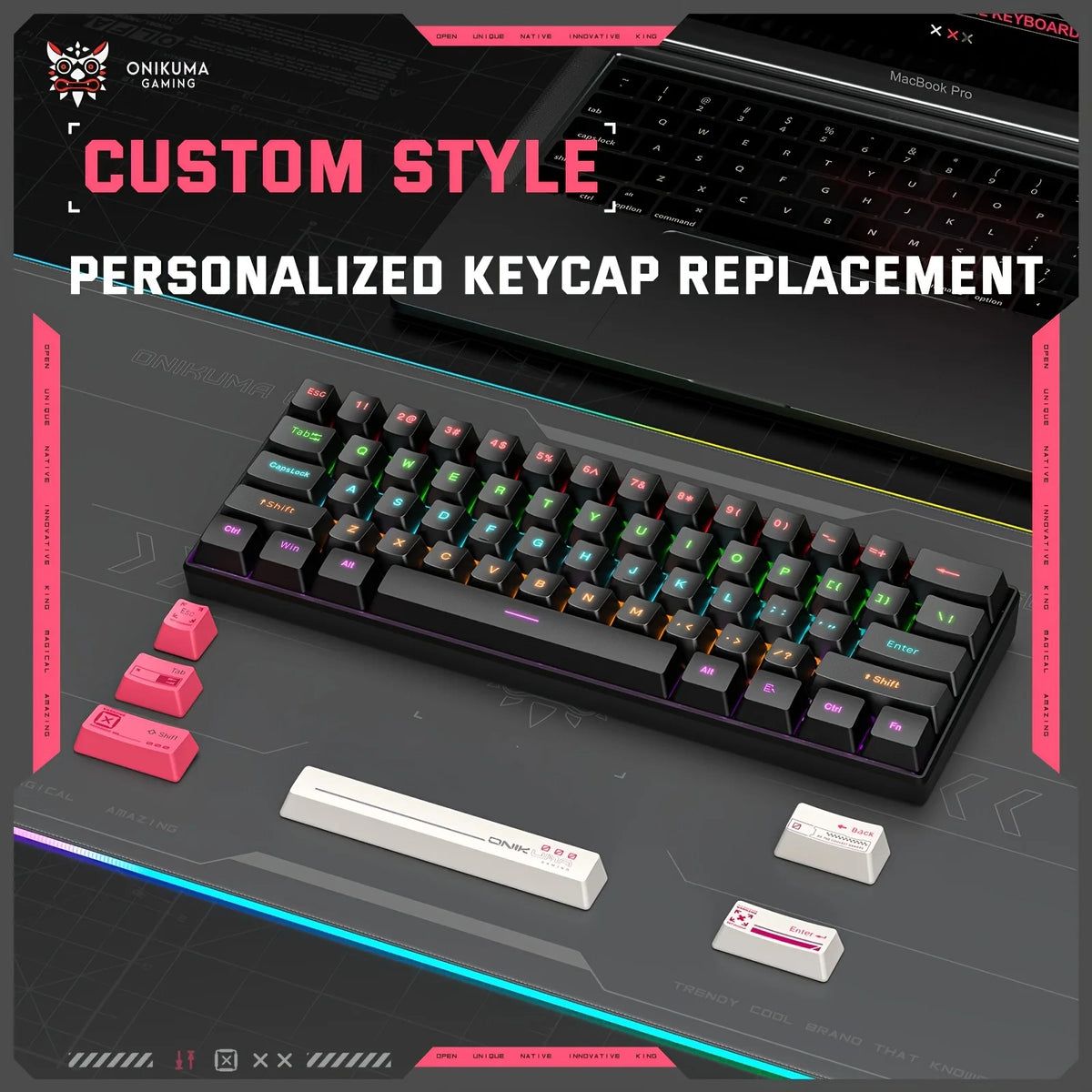 ONIKUMA G55 Teclado Mecânico para Jogos 61 Teclas Layout RGB Personalizado Com Fio Colorido LED Teclado Retroiluminado para Computador Laptop PC 4