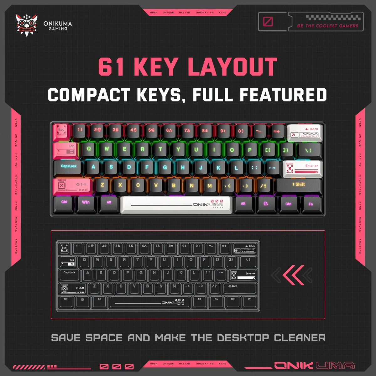 ONIKUMA G55 Teclado Mecânico para Jogos 61 Teclas Layout RGB Personalizado Com Fio Colorido LED Teclado Retroiluminado para Computador Laptop PC 6