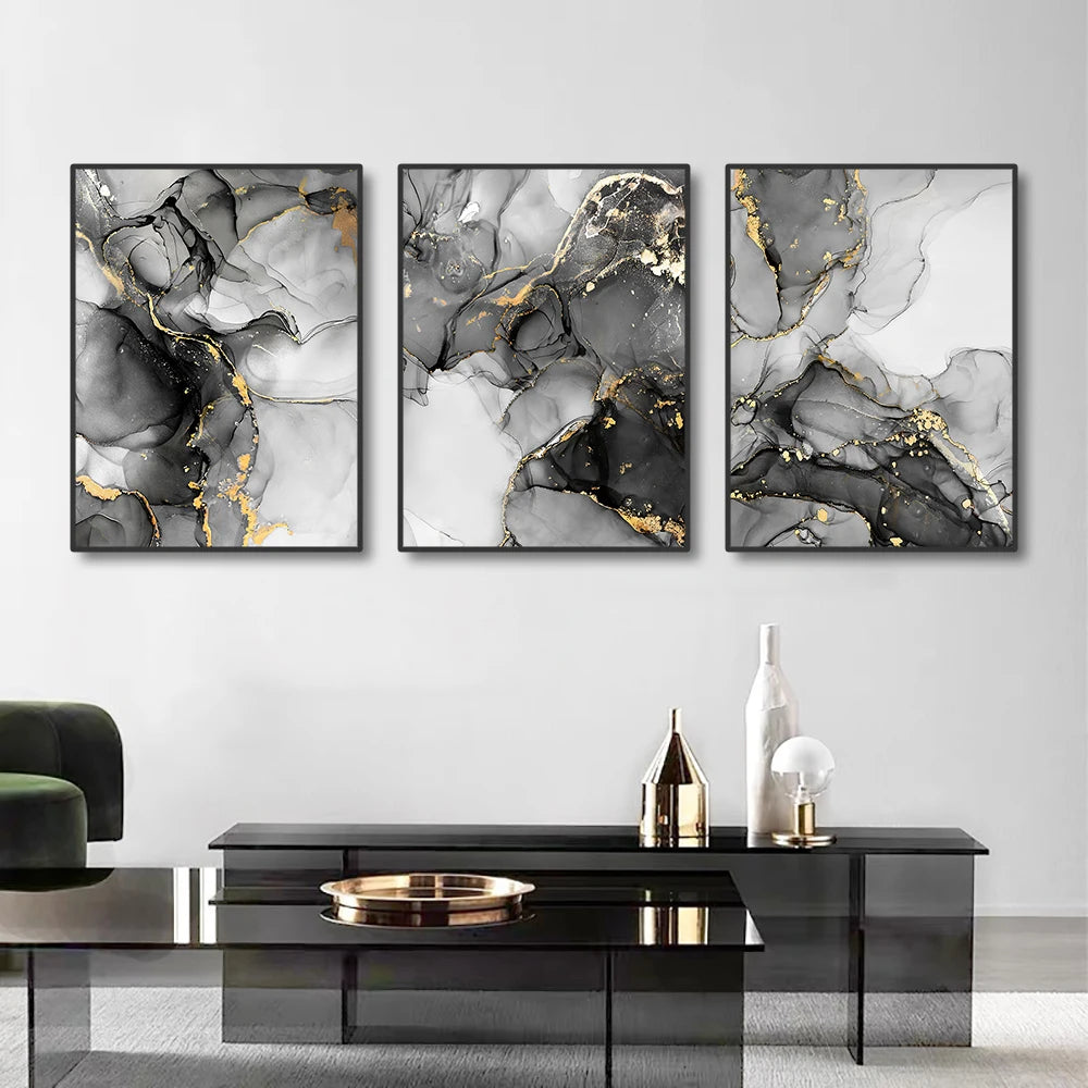 Quadro Decorativo Abstrato Preto, Branco e Dourado — Mármore 1