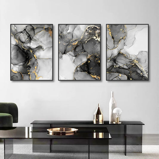 Quadro Decorativo Abstrato Preto, Branco e Dourado — Mármore 1