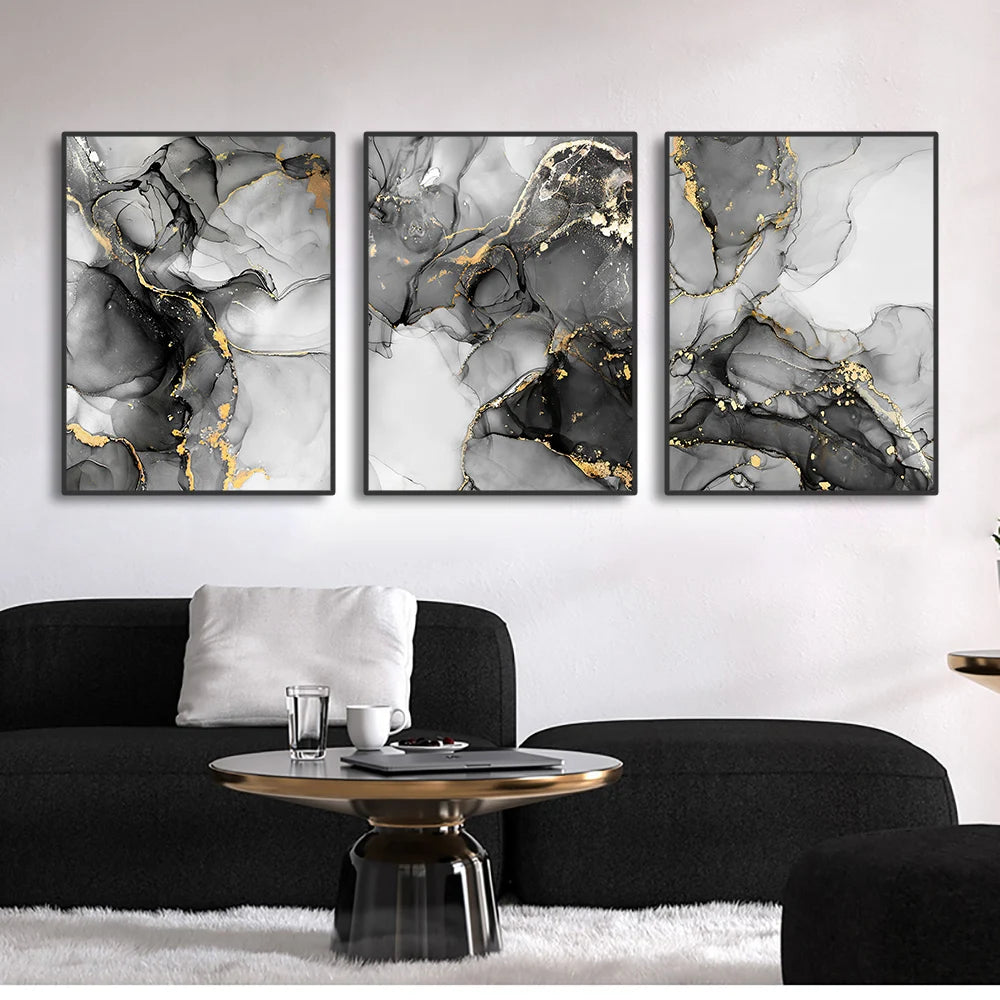 Quadro Decorativo Abstrato Preto, Branco e Dourado — Mármore 2