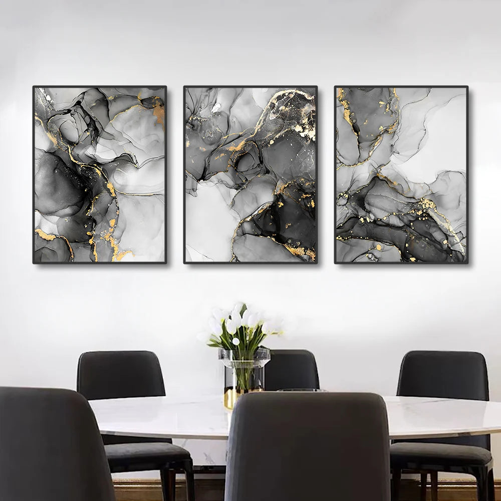 Quadro Decorativo Abstrato Preto, Branco e Dourado — Mármore 3