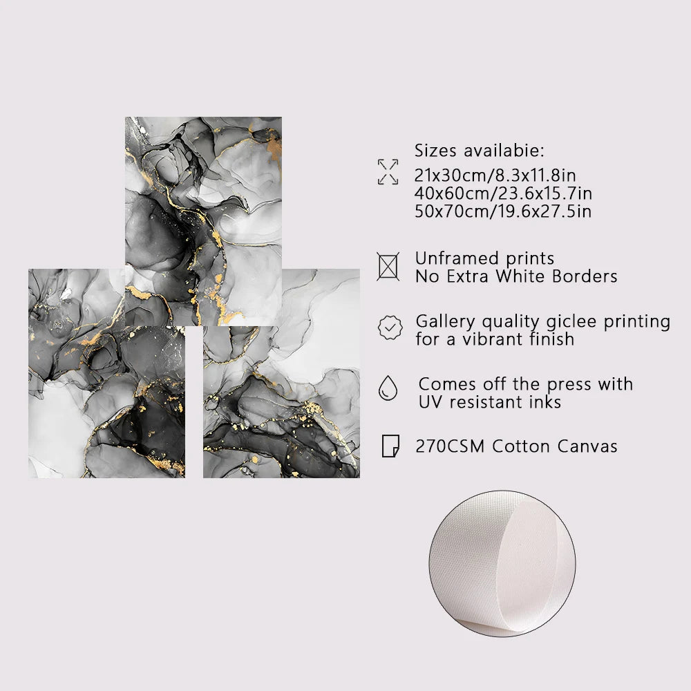 Quadro Decorativo Abstrato Preto, Branco e Dourado — Mármore 4