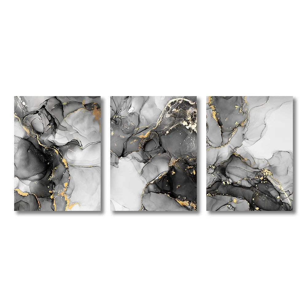 Quadro Decorativo Abstrato Preto, Branco e Dourado — Mármore 6