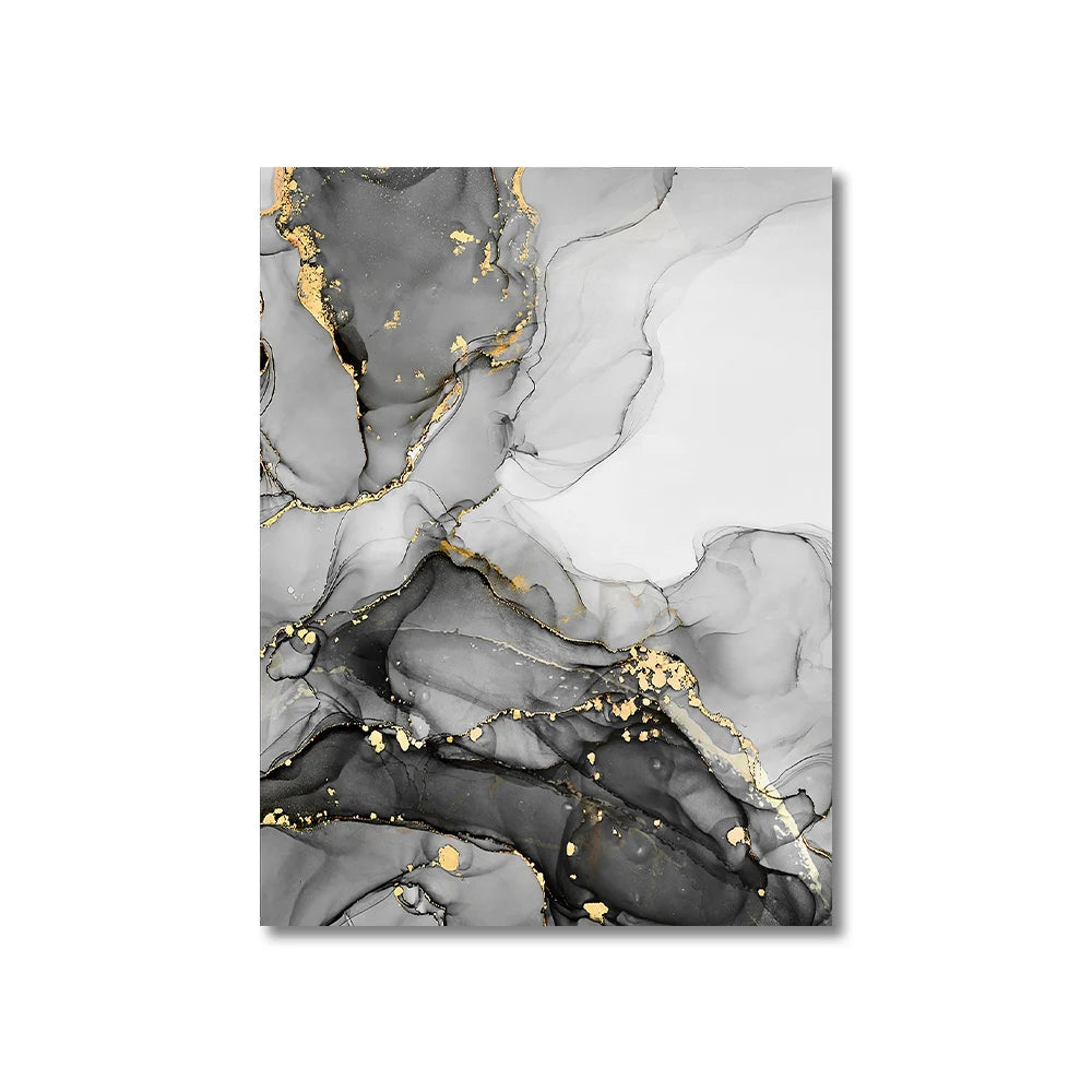 Quadro Decorativo Abstrato Preto, Branco e Dourado — Mármore 7