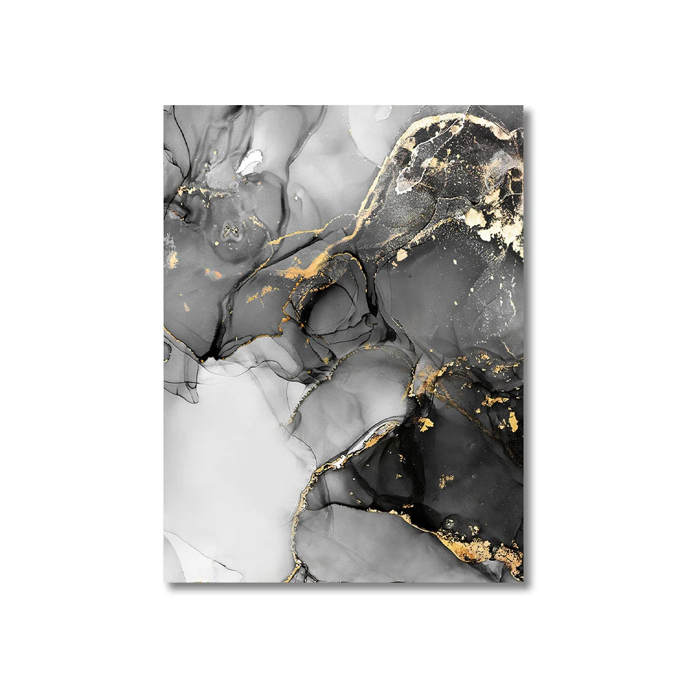 Quadro Decorativo Abstrato Preto, Branco e Dourado — Mármore 8
