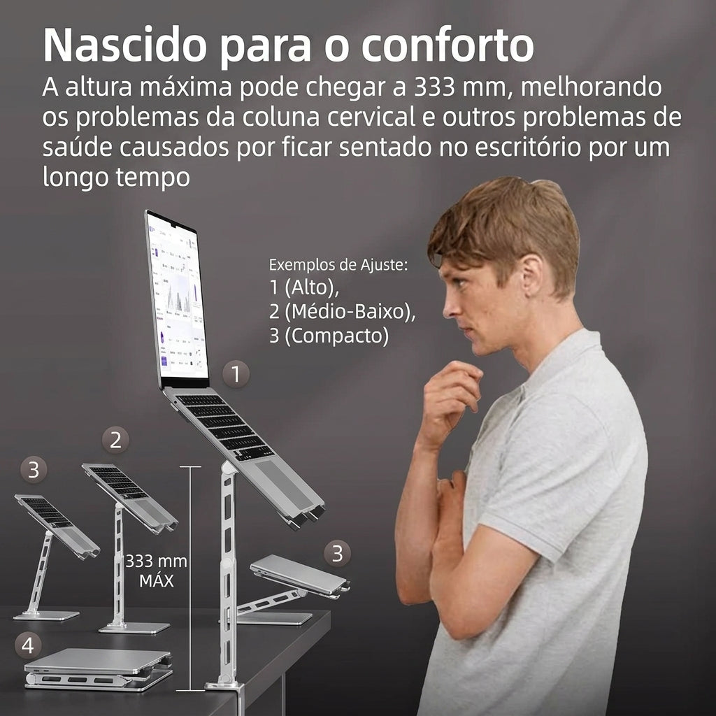 Suporte de Laptop e Tablet 2 em 1 Destacável — Alumínio, Rotação 360°, Dobrável para Mesa 3
