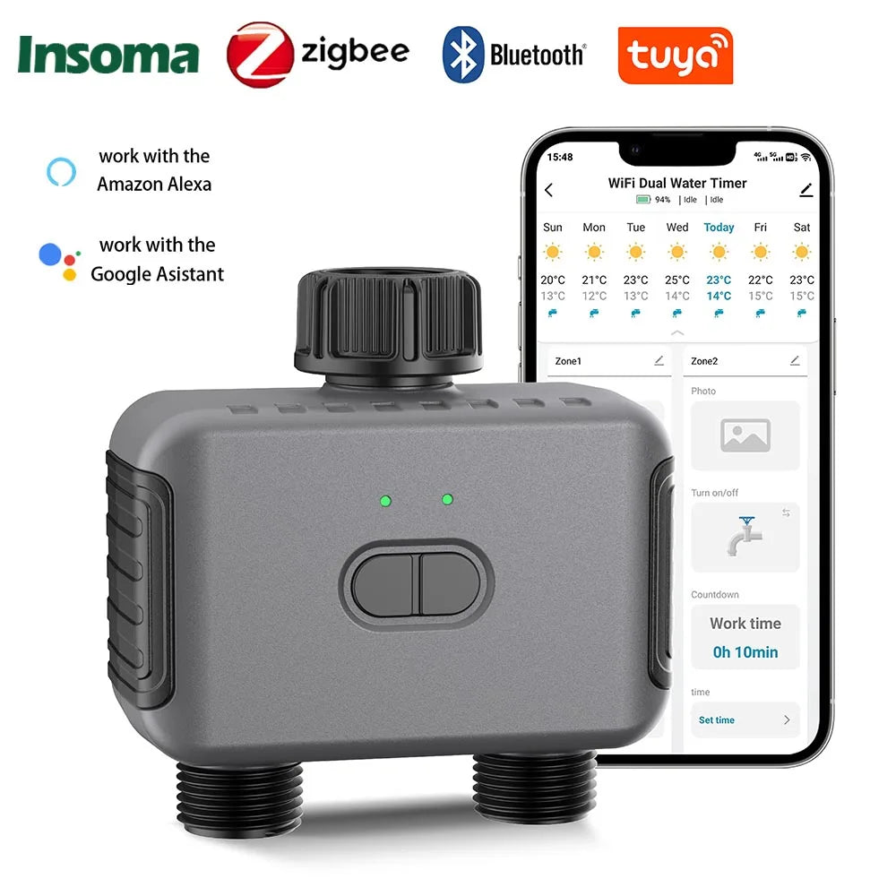 Temporizador de Água Automático Zigbee/BT com Duas Mangueiras para Irrigação de Jardim, Sistema de Rega com Torneira e Programador de Aspersor, Compatível com Alexa, IPX5 1