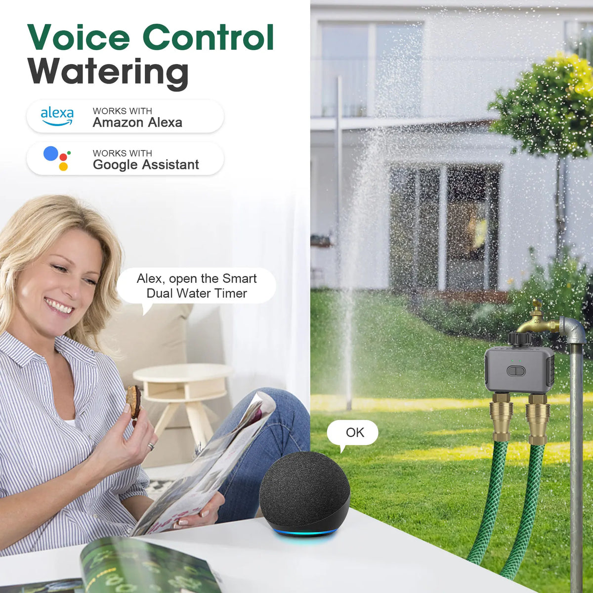 Temporizador de Água Automático Zigbee/BT com Duas Mangueiras para Irrigação de Jardim, Sistema de Rega com Torneira e Programador de Aspersor, Compatível com Alexa, IPX5 2